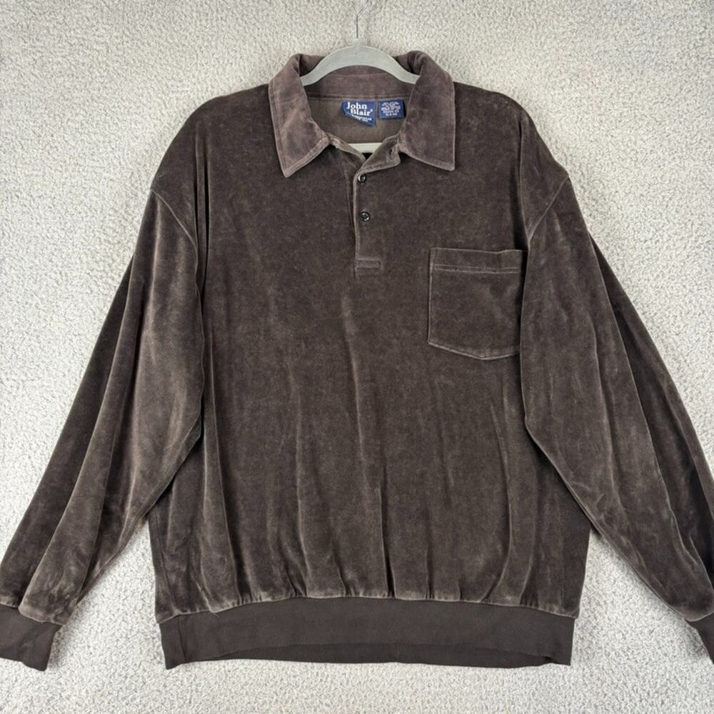 John Blair Mens Velour Shirt XL Brown BandePullover Pocket Long Sleeve Retro VTG